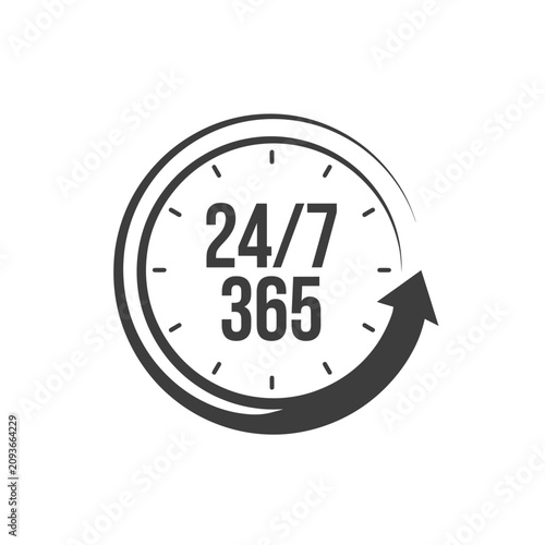 Clock face with 24 7 365 text black silhouette on white background