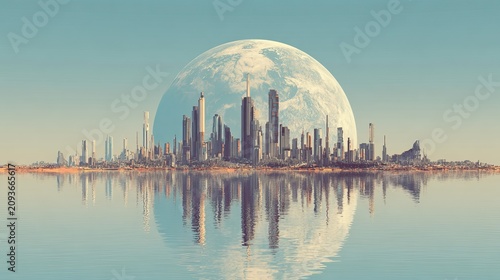 Futuristic planet covered with towering skyscrapers stretching across the horizon