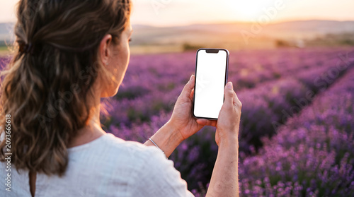 Hand holding mobile phone with blank white screen in lavender fields at golden hour, woman using smartphone for nature travel blog mockup, summer vacation lifestyle, floral beauty.
