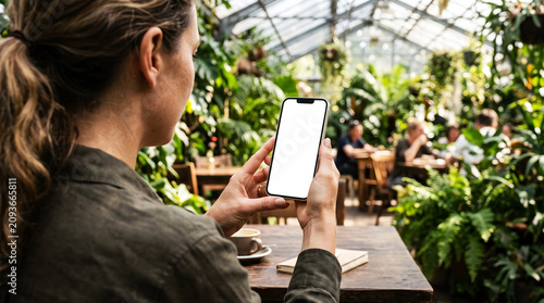 Hand holding smartphone with blank white screen in tropical greenhouse cafe, woman using mobile app for botanical garden research, digital plant shop mockup, nature interior.
