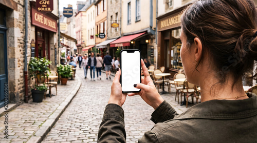 Hand holding mobile phone with blank white screen in European street, woman using smartphone for travel guide app mockup, urban tourism, city exploration, digital lifestyle concept.
