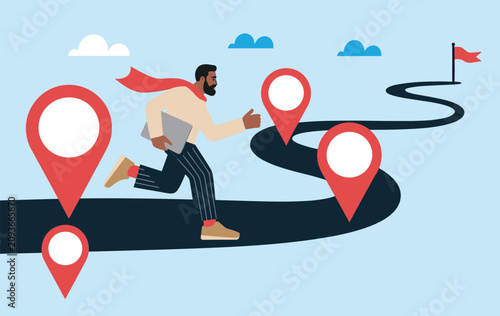 Obraz na plátně Ambition's Journey: A determined individual navigates a winding path marked by destination pins, laptop in hand, striving towards a distant flag, symbolizing ambition and the pursuit of goals