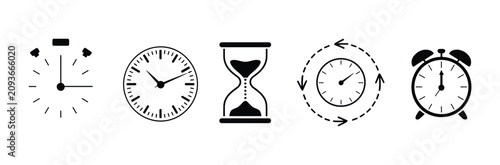 Obraz na płótnie Time Collection: A graphic representation of various timekeeping devices including a stopwatch, analog clock, hourglass, clock with circular arrows, and an alarm clock