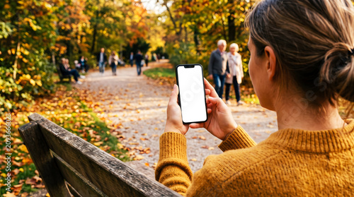 Hand holding mobile phone with blank white screen sitting on park bench in autumn, woman using smartphone for mobile app mockup, outdoor seasonal lifestyle, fall nature park view.
