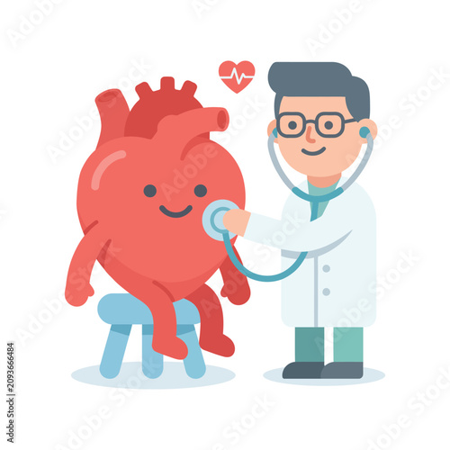 Friendly Doctor Performing a Heart Health Checkup with a Stethoscope on a Cheerful Anthropomorphic Red Heart Character Illustration