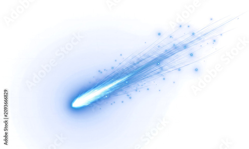 Meteor comet blue light effect with sparkling falling star trail for overlay use in PNG, Transparent and Black Background Versions