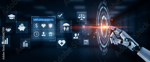 Robotic Hand Touching Futuristic Digital Interface Displaying Employee Benefits Icons