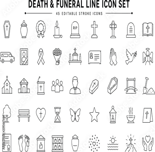 Bild auf Leinwand Death and Funeral Line Icon Set 45 Editable Stroke Vector Icons