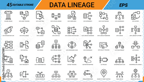 Fotografie Data lineage and governance vector icons collection for digital information flow tracking