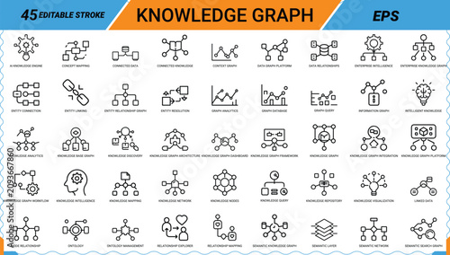 Photos Set of knowledge graph and data network line icons for business intelligence and data science