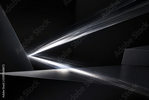 A streaking silver light trail on a dark background with geometric shapes.