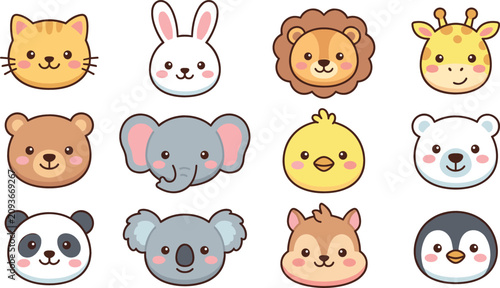 Photography Cute Animal Avatars Vector Set with Cartoon Faces of Cat, Rabbit, Lion, Giraffe,