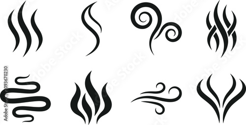 Cuadro en lienzo Black steam and smoke aroma swirl line vector icon set with hot wind breeze vapo