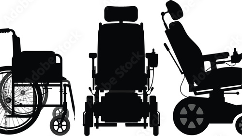 Three types of wheelchairs shown in silhouette with transparent background for accessibility and medical illustration purposes