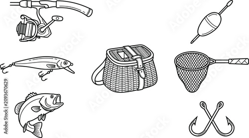 Fotografía Fishing Gear and Equipment Icon Set with Rod, Reel, Lure, Basket, Net, Fish, and