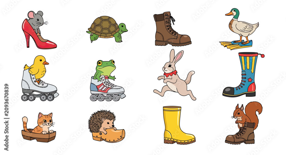 Fototapeta premium Cute animals wearing shoes and colorful boots illustration.