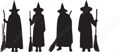 Bild auf Leinwand Witch Silhouettes with Broomsticks Set in Different Poses Isolated on White Back