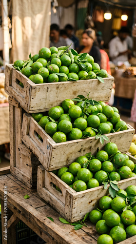 Fresh green sweet lime stacked in rustic wooden crates at street market.