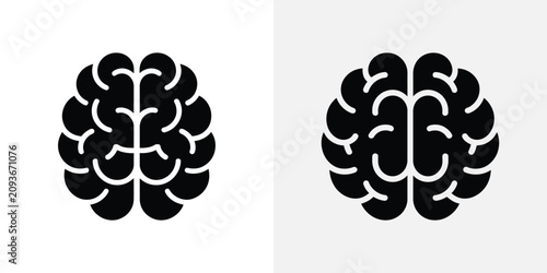 Two black brain displayed side by side on white and light gray backgrounds representing human intelligence and cognitive mental health