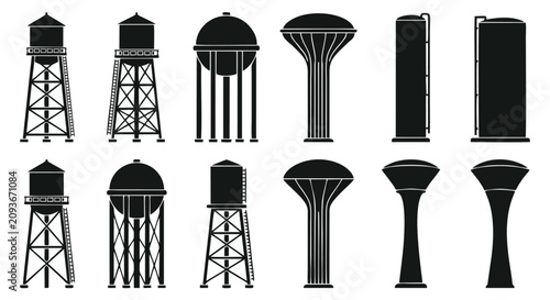 Cuadro en lienzo Water Tower Icons Set - Collection of 12 Different Vector Silhouettes of Water S