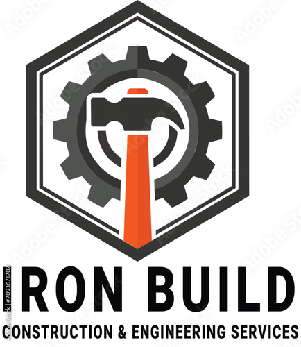 Iron Build Construction and Engineering Logo with Hammer and Gear Hexagon Emblem

