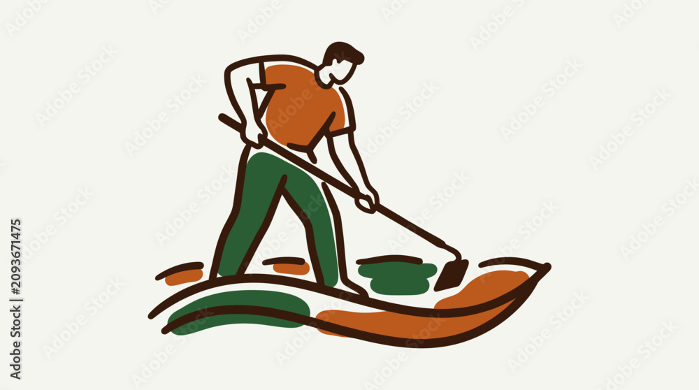 Obraz premium A person is hoeing seeds in an organic garden landscape with a hand-drawn illustration.