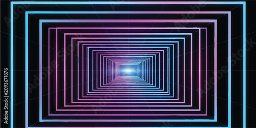 Tableau sur toile Futuristic Neon Rectangle Tunnel with Cyan and Magenta Glow, Infinite Sci-Fi Por