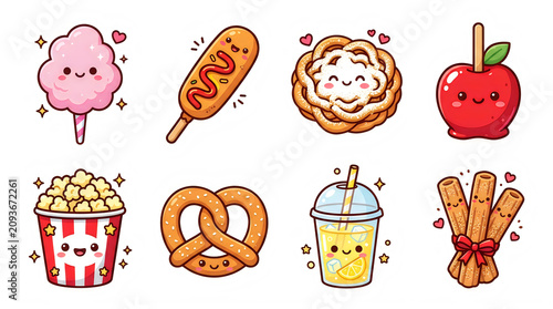 Cute kawaii carnival food set with smiling faces on transparent background with adorable carnival treats