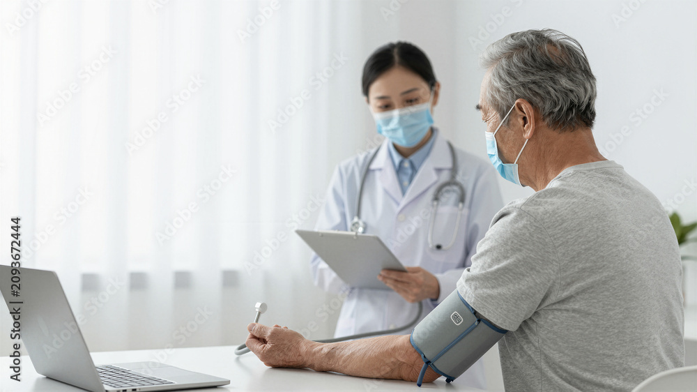 Fototapeta premium Nurse checking blood pressure of elderly patient