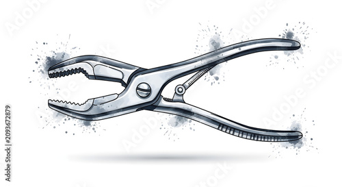 A metallic plier tool lies open on a surface with splashes around it