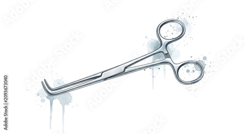 A medical instrument, specifically surgical scissors, is depicted in a detailed illustration.