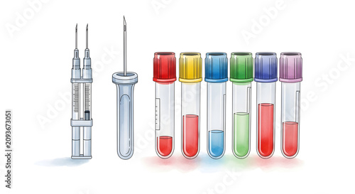 Medical diagnostic blood collection tools featuring various vacuum test tubes and professional injection needles for clinical laboratory analysis