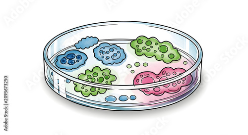 Petri dish illustration showing colorful bacterial colonies and biological microorganisms cultivated for scientific laboratory research purposes