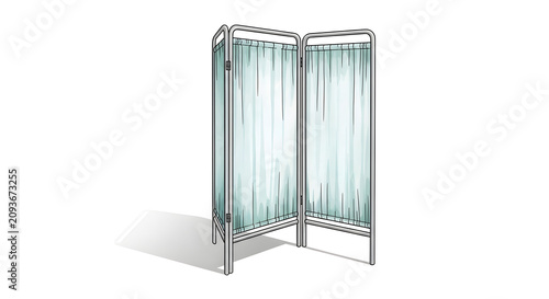 Portable medical privacy screen with two hinged panels and translucent green curtains, ideal for healthcare facilities to create temporary private spaces for patients and examinations