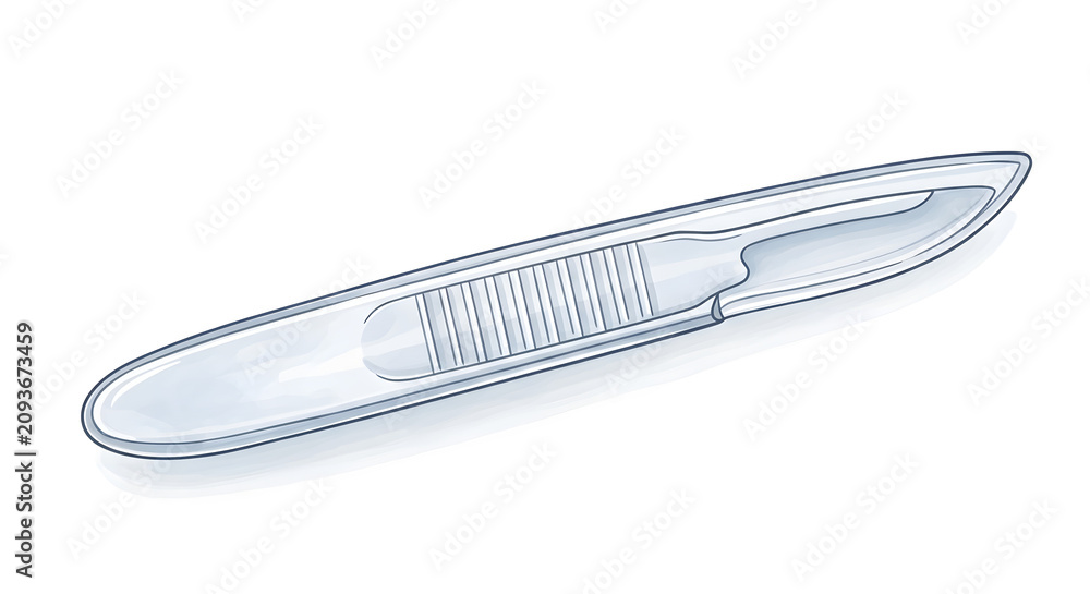 Fototapeta premium A medical scalpel lies on a surface with its blade and handle visible.