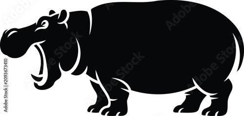Bild auf Leinwand Black silhouette of a hippopotamus standing and yawning with mouth open to the s