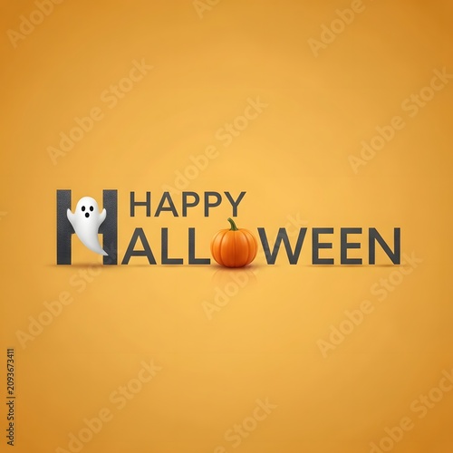 Minimalist happy halloween typography design with cute ghost and orange pumpkin icon on a solid textured background Happy Halloween