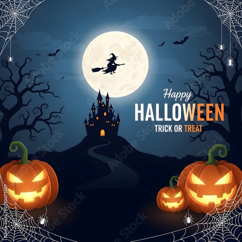 Witch flying on broomstick in front of large full moon over dark haunted mansion with spider webs Happy Halloween