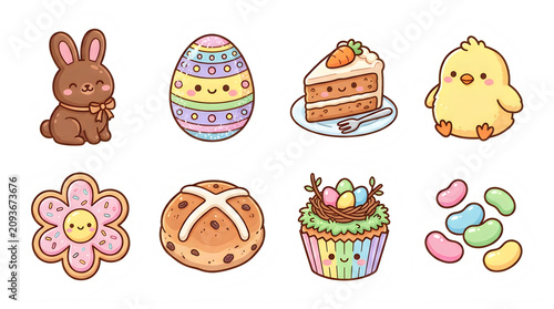 Collection of cute kawaii easter themed icons isolated on transparent background with hot cross bun
