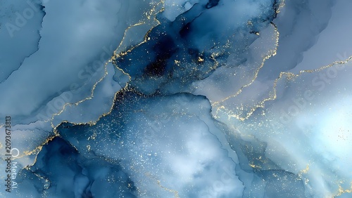 Deep blue and gold alcohol ink abstract background with metallic veins