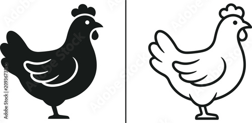 Bild auf Leinwand Chicken farm animal icon set in outline and solid styles with silhouette agricul