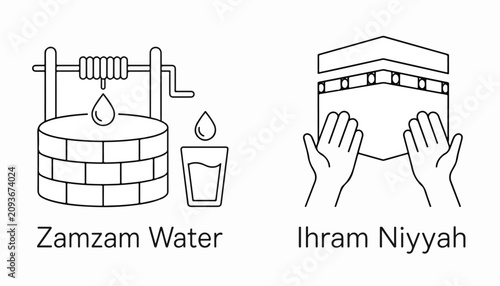 Tableau sur toile Islamic Hajj and Umrah icons, Zamzam water well and Ihram Niyyah prayer symbols,