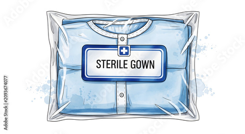 A sterile gown is packaged and labeled for medical use indoors.