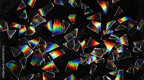 Bild auf Leinwand Abstract rainbow prism shards on black background, holographic glass fragments,