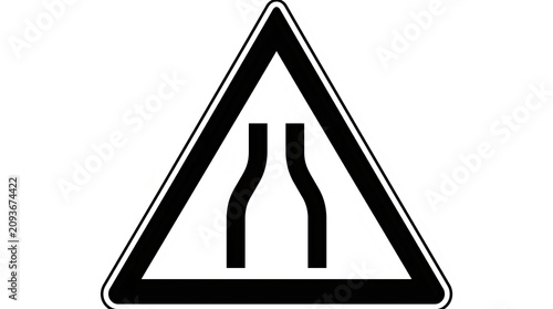 Road narrows ahead triangular traffic warning sign