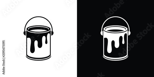 Two of a paint bucket with dripping liquid, one on a white background, and one on, a black background, representing and renovation