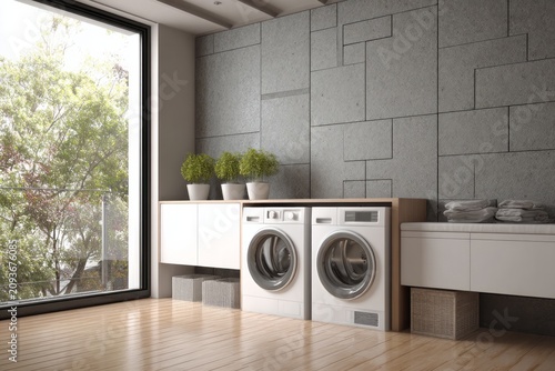 Modern utility room features dual white appliances beside a large window overlooking lush greenery