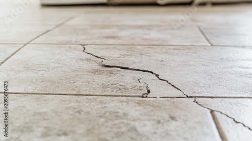 Close up of broken and cracked ceramic floor tiles in a residential building room. Need for renovation