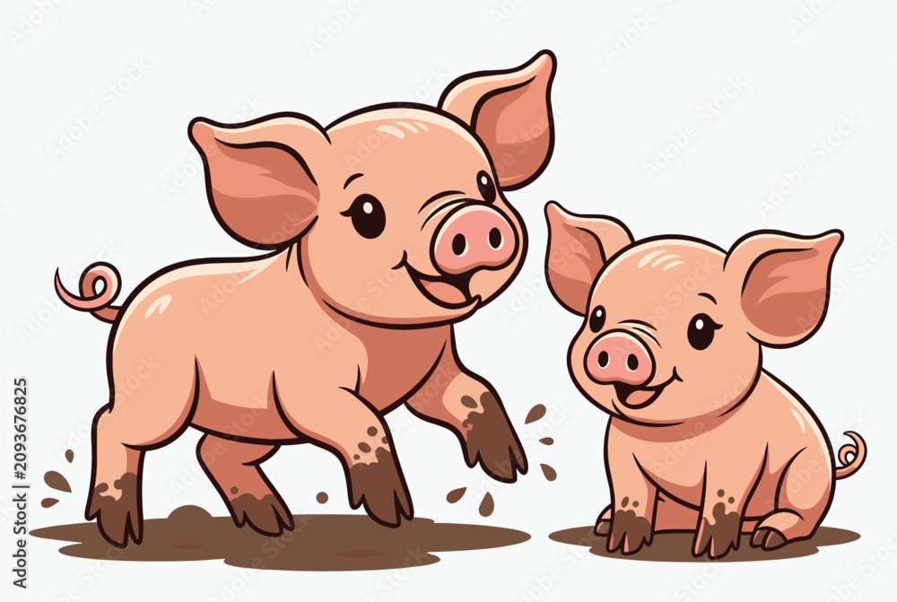 Obraz premium Two adorable pink cartoon piglets playing cheerfully in a muddy puddle, showing muddy feet and happy expressions on a white background.