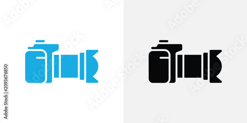 Two side-by-side of a digital dslr camera with a long lens, one in blue and one in black, isolated on a light gray background